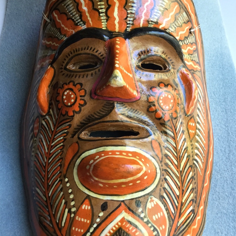 Vintage Huichol Hand Painted Terra Cotta Mask